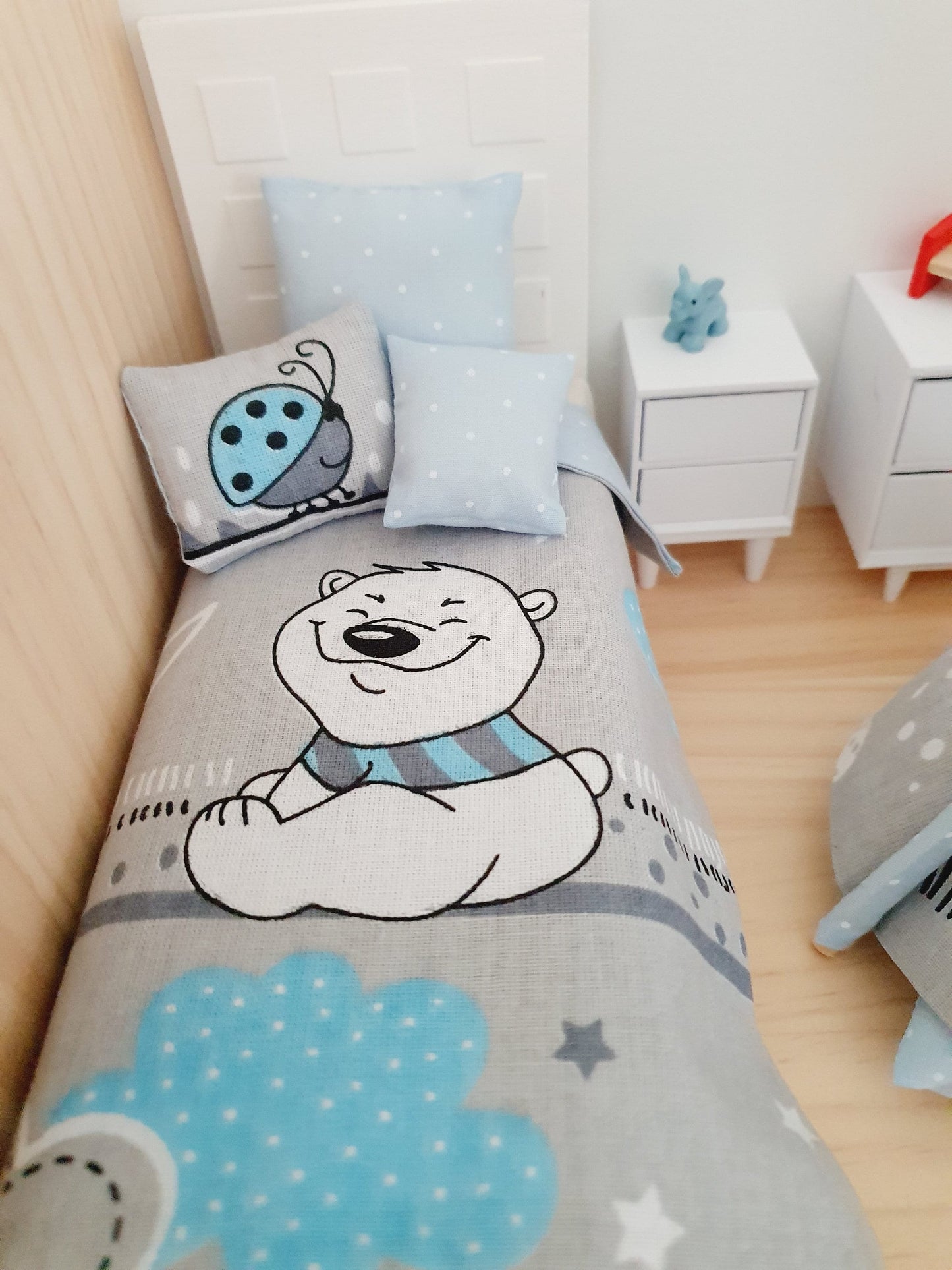 SALE!! Dolls house Single Bear bedding, cute bear Set, 12th scale bedding, miniature bed set