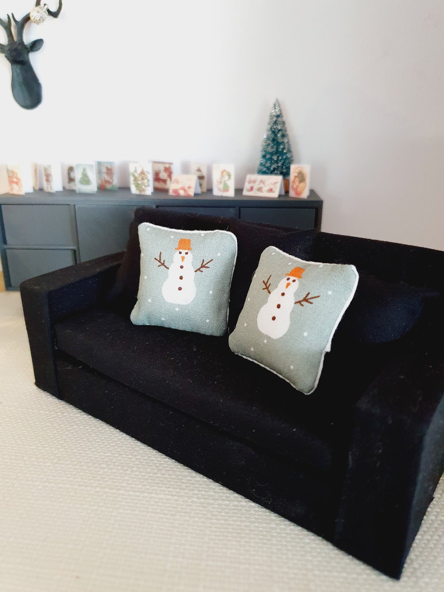 Dolls house Christmas Snowman cushions, 12th scale cushions, miniature cushions