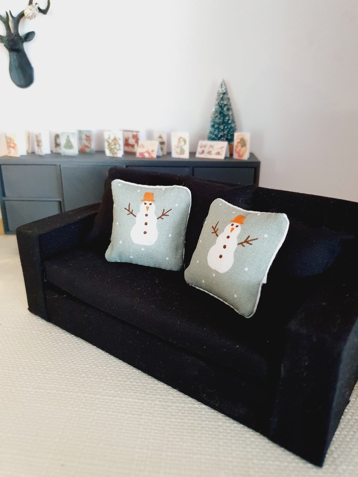 Dolls house Christmas Snowman cushions, 12th scale cushions, miniature cushions