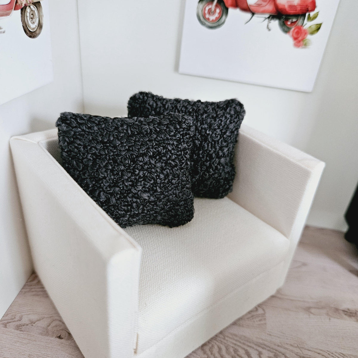 Dolls House Pair of Boucle Fabric Cushions – Choice of Colours – 1:12 Scale