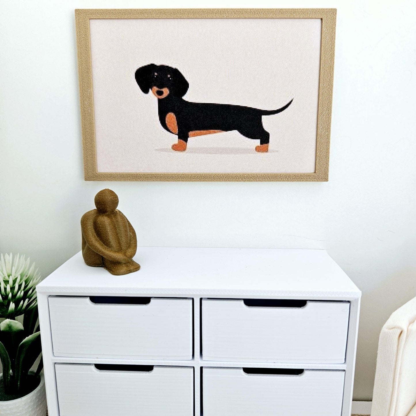 Dolls House Modern Framed Wall Art, Sausage Dog/Dachshund print, 12th scale, miniature wall picture for any room