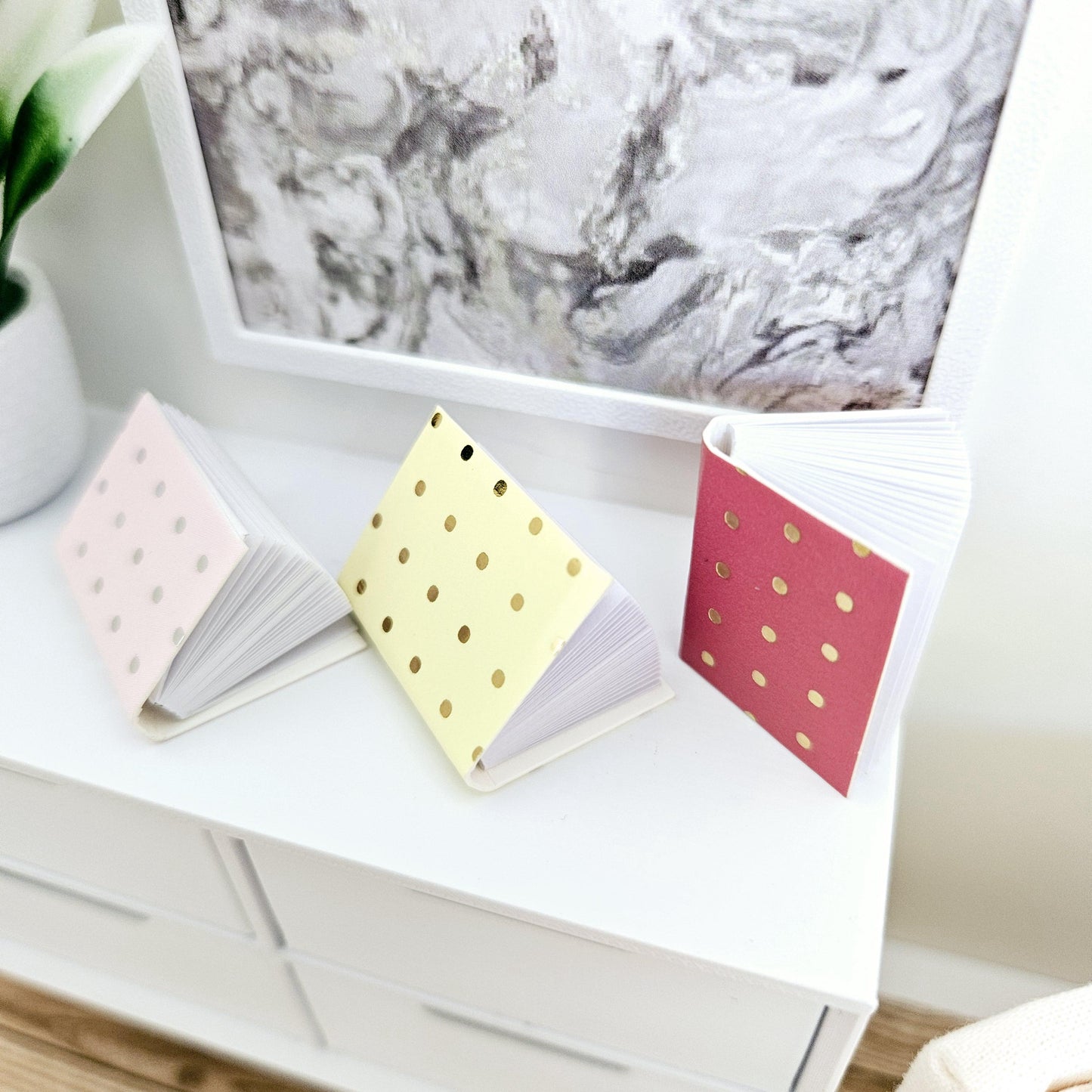 Dolls House Set of 3 Polka Dot Note Books, writing pads, 12th scale books, miniature