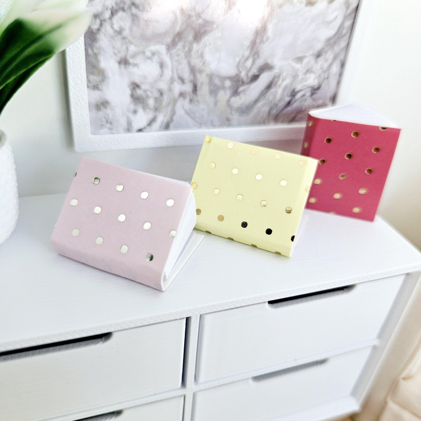 Dolls House Set of 3 Polka Dot Note Books, writing pads, 12th scale books, miniature