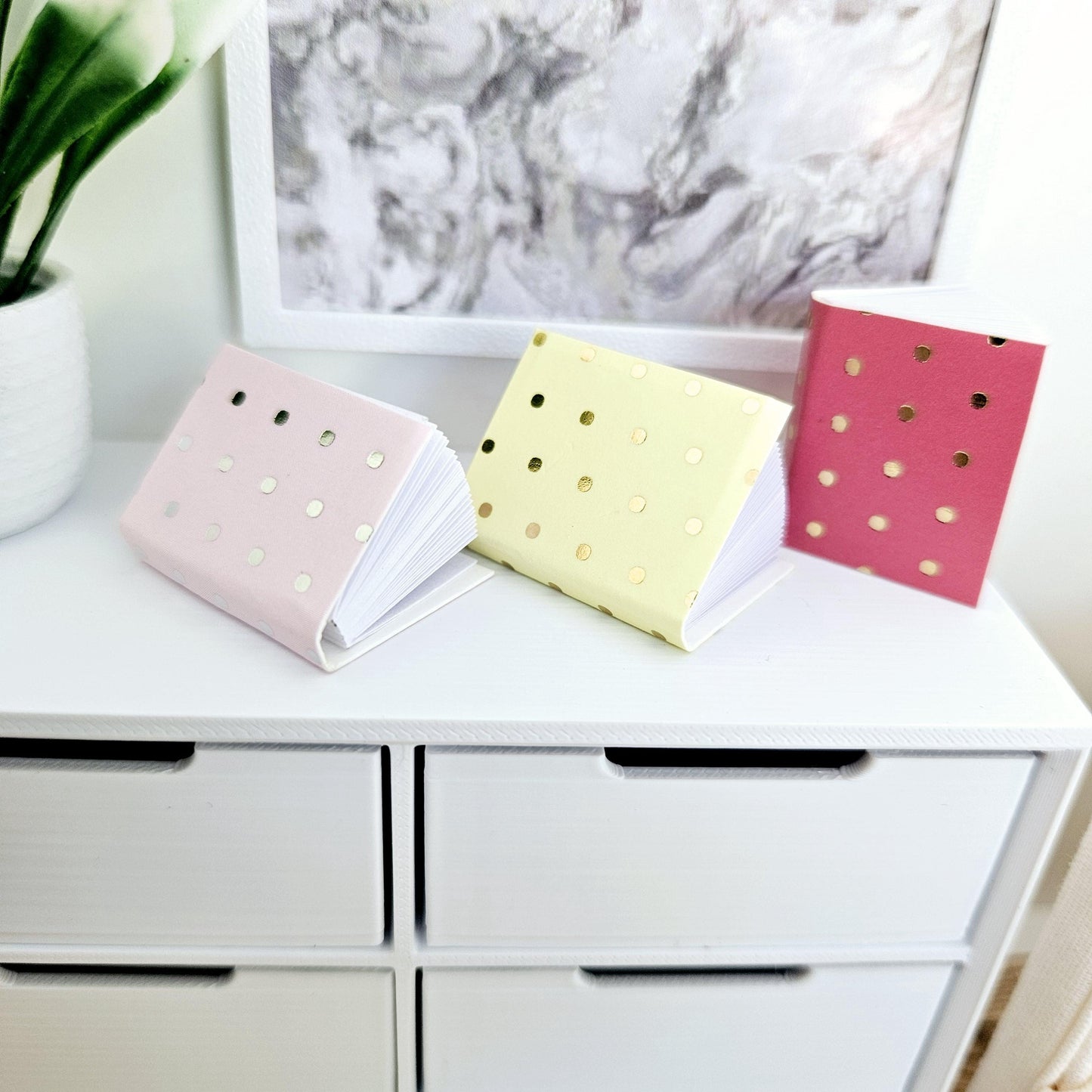 Dolls House Set of 3 Polka Dot Note Books, writing pads, 12th scale books, miniature