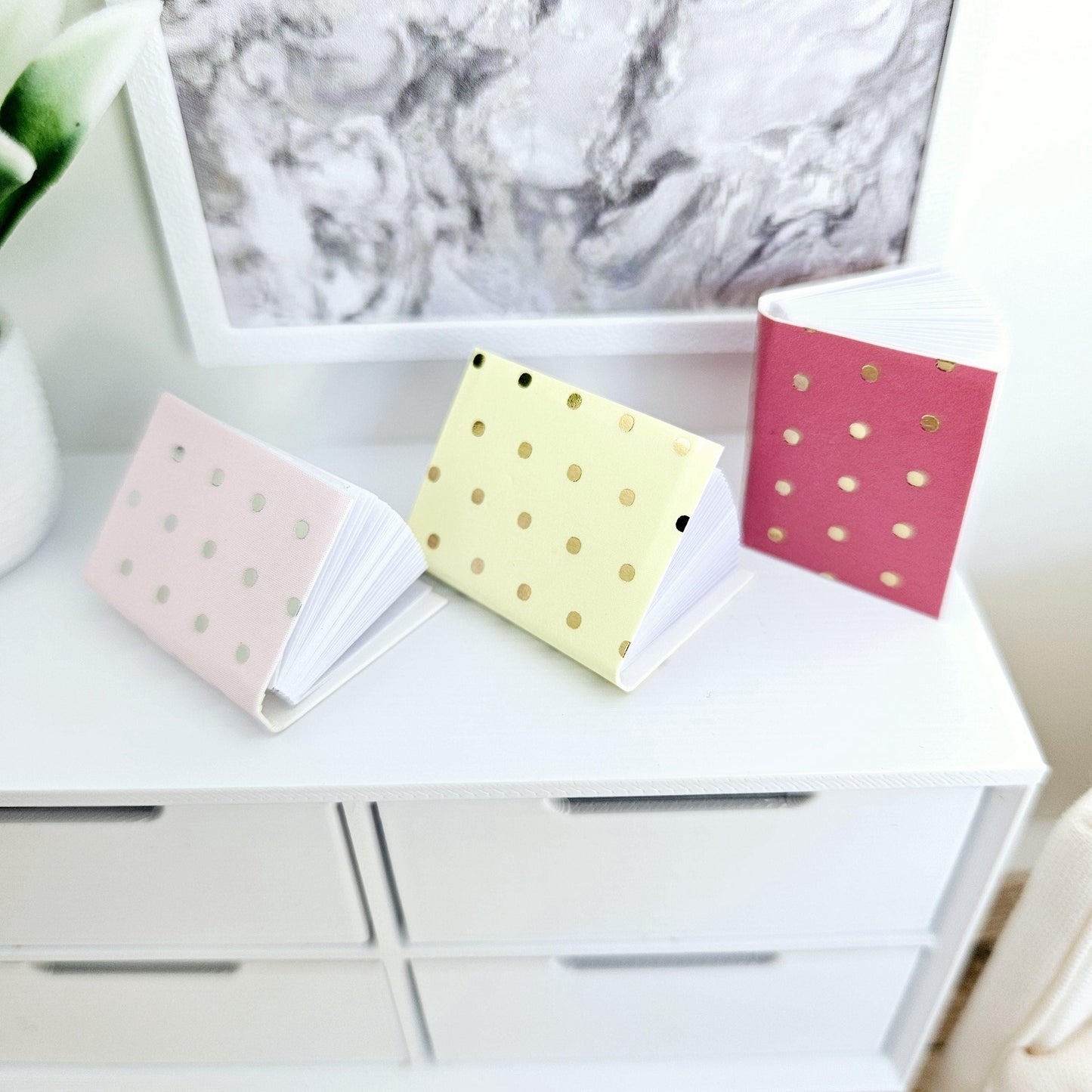 Dolls House Set of 3 Polka Dot Note Books, writing pads, 12th scale books, miniature