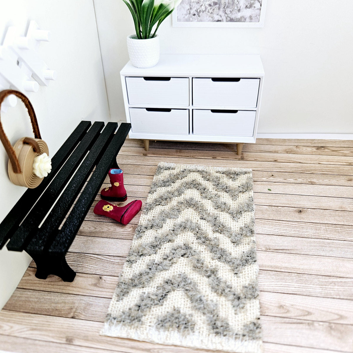 Dolls House Grey & Cream Herringbone Runner / Rug | 1:12th Scale | Miniature Rug