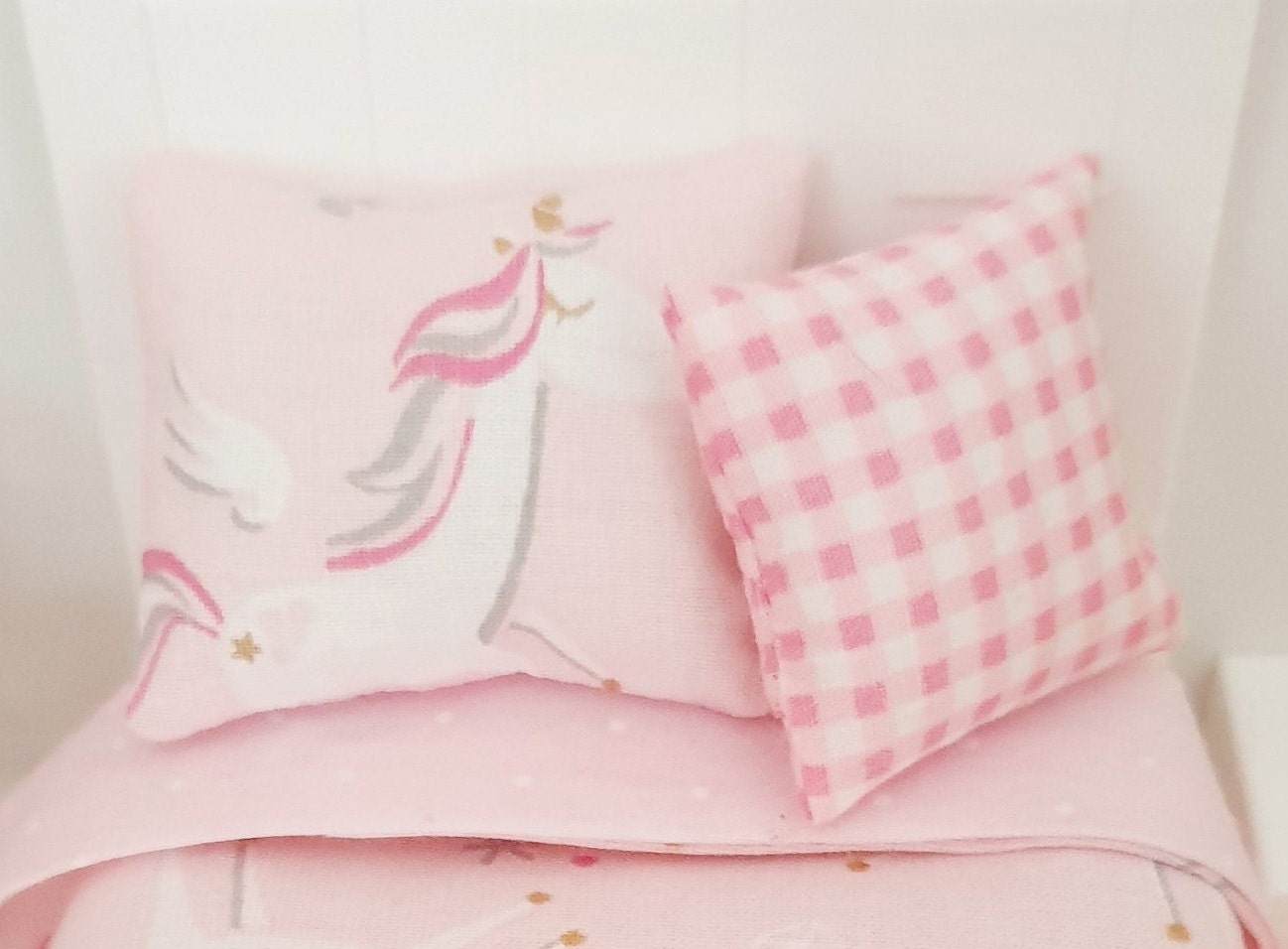 Dolls house Single bedding, Pretty Pink Unicorn 4 piece Set, 12th scale bedding, miniature bed set