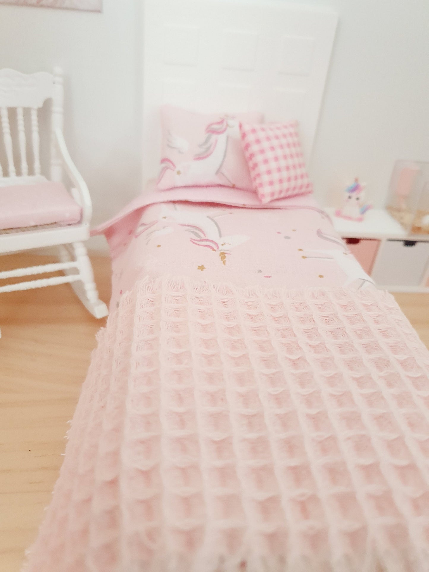Dolls house Single bedding, Pretty Pink Unicorn 4 piece Set, 12th scale bedding, miniature bed set