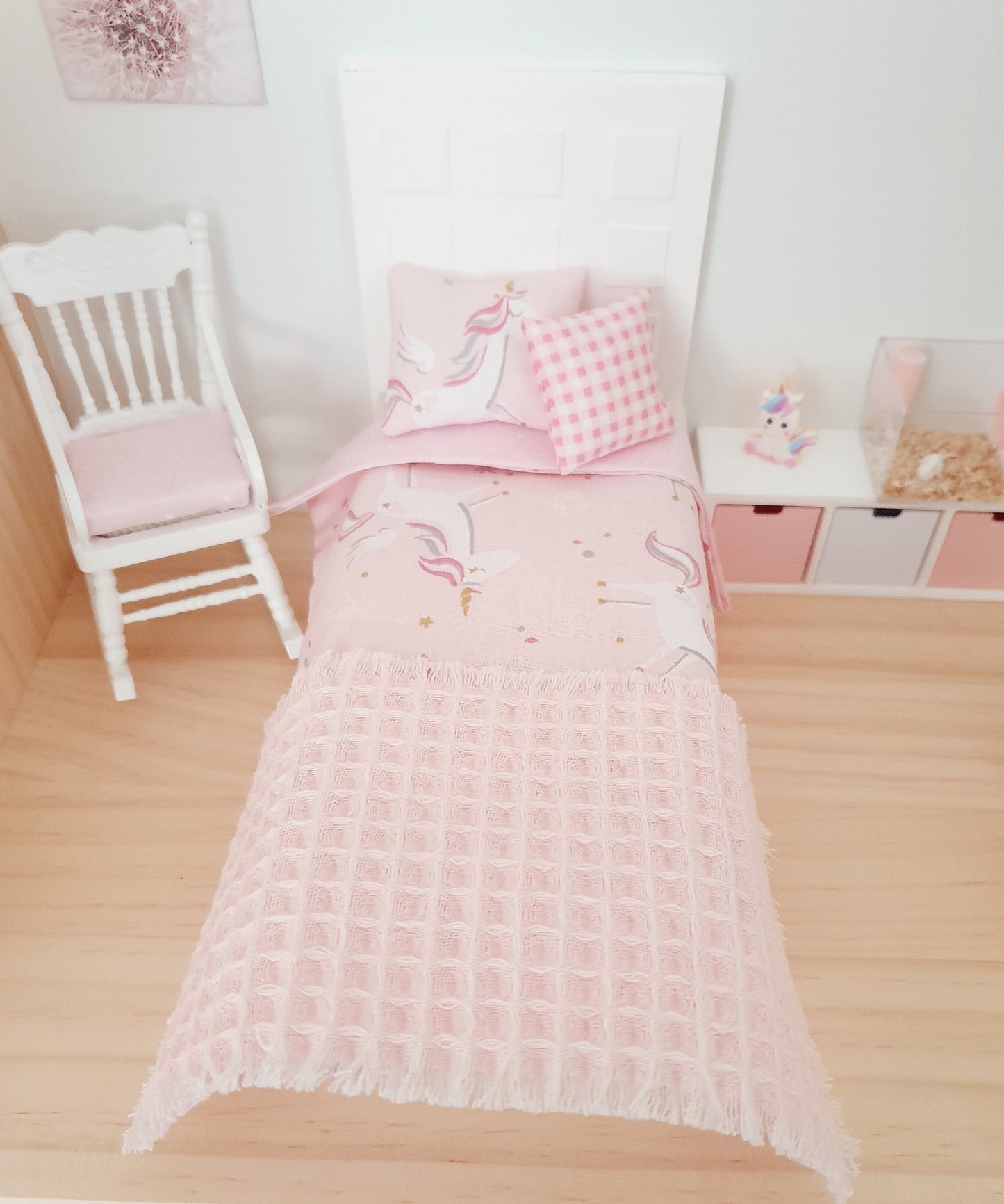 Dolls house Single bedding, Pretty Pink Unicorn 4 piece Set, 12th scale bedding, miniature bed set