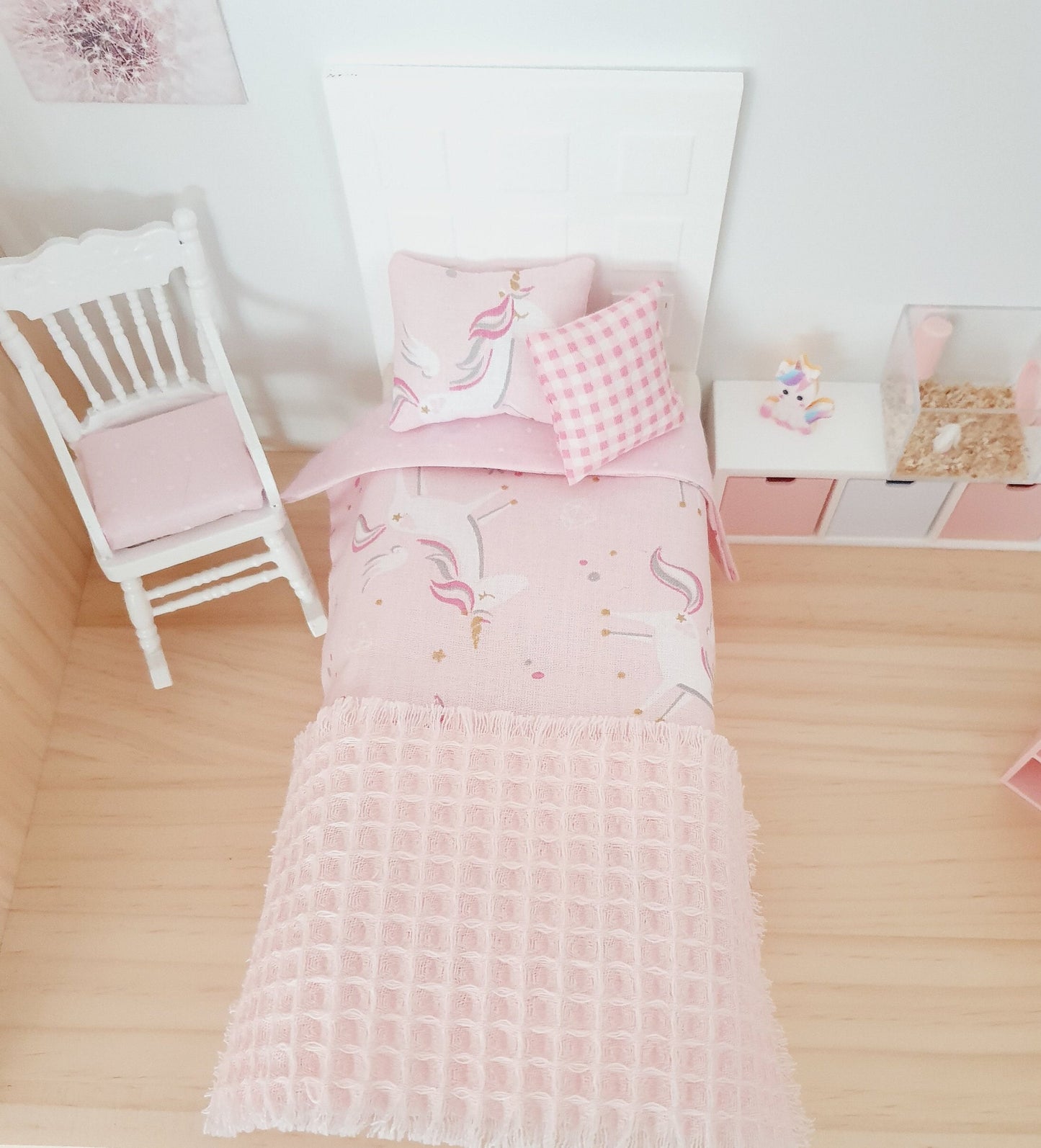 Dolls house Single bedding, Pretty Pink Unicorn 4 piece Set, 12th scale bedding, miniature bed set