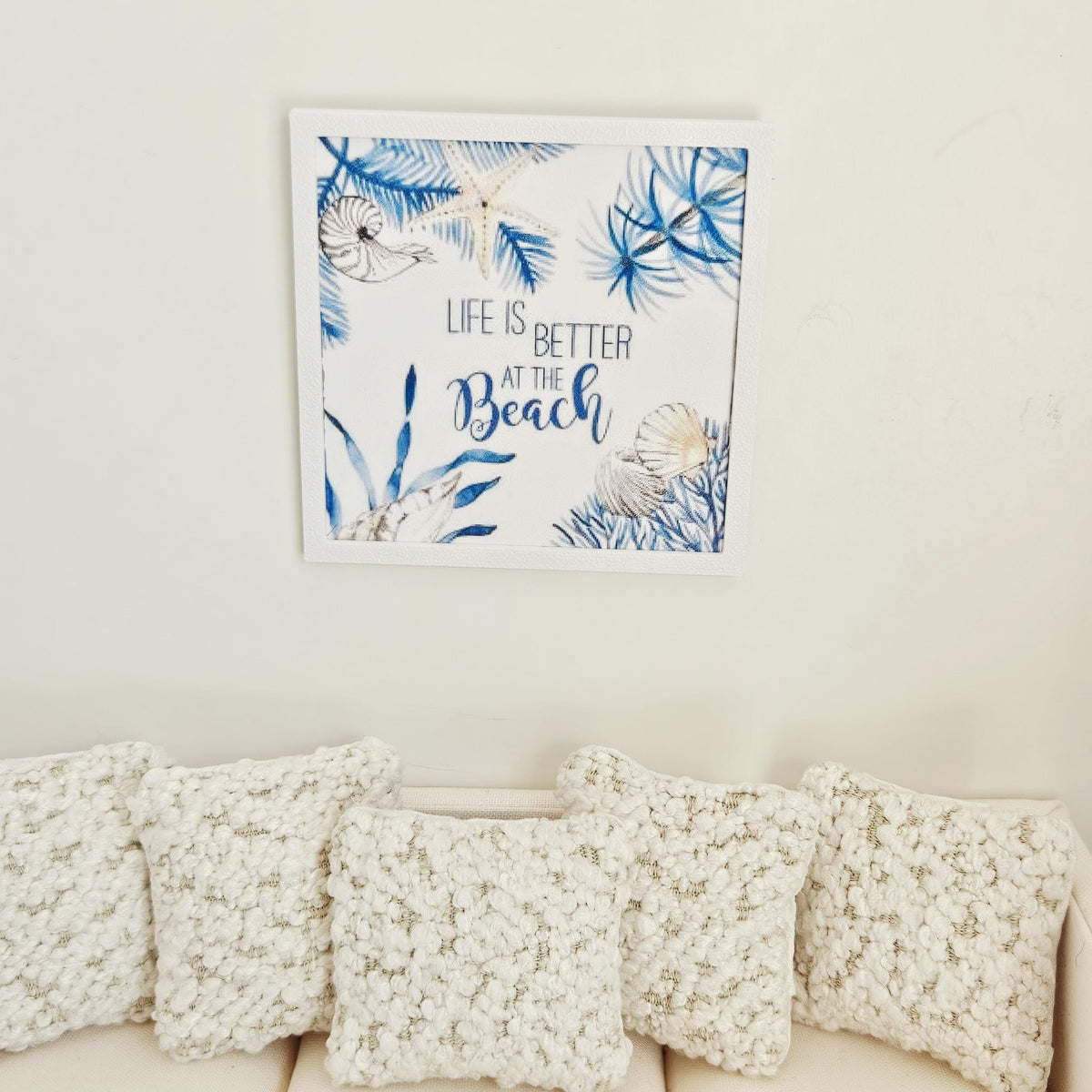 Dolls House Modern Framed Wall Art, Life is better at the beach picture, 12th scale, miniature wall picture for any room