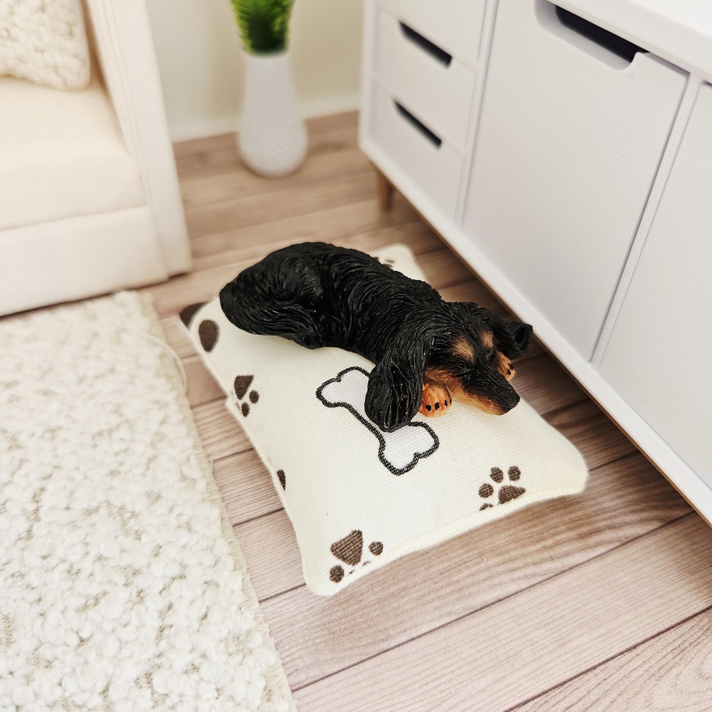Dolls House Fabric Dog Bed with Paw Print Pad or Boucle Fabric, 12th Scale, Miniature Pet Bed