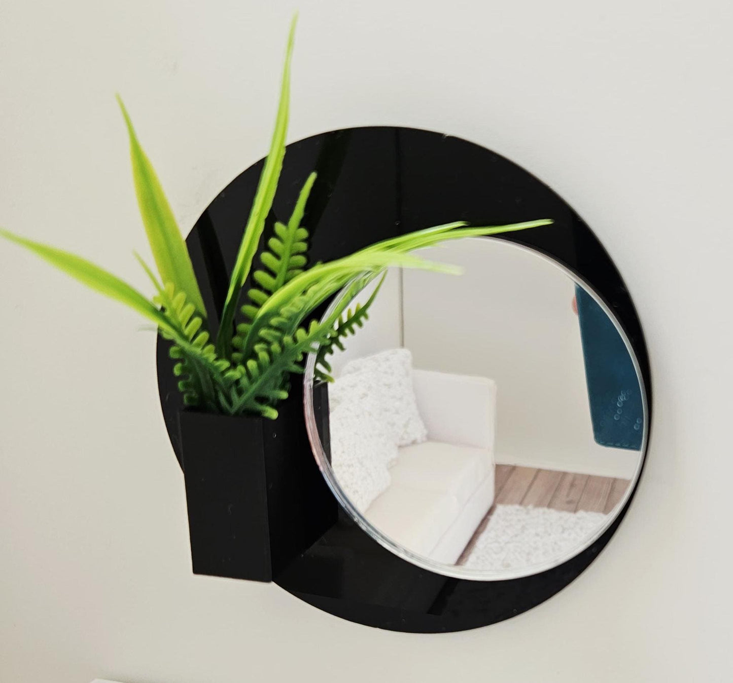 Dolls House Wall Mirror with Planter | Modern Black Or White Acrylic Mirror | 1:12 Scale