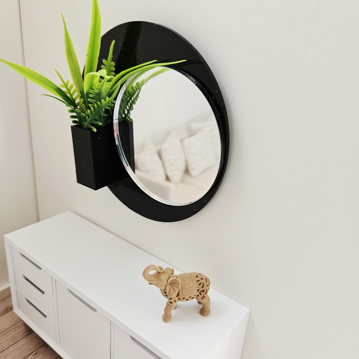 Dolls House Wall Mirror with Planter | Modern Black Or White Acrylic Mirror | 1:12 Scale