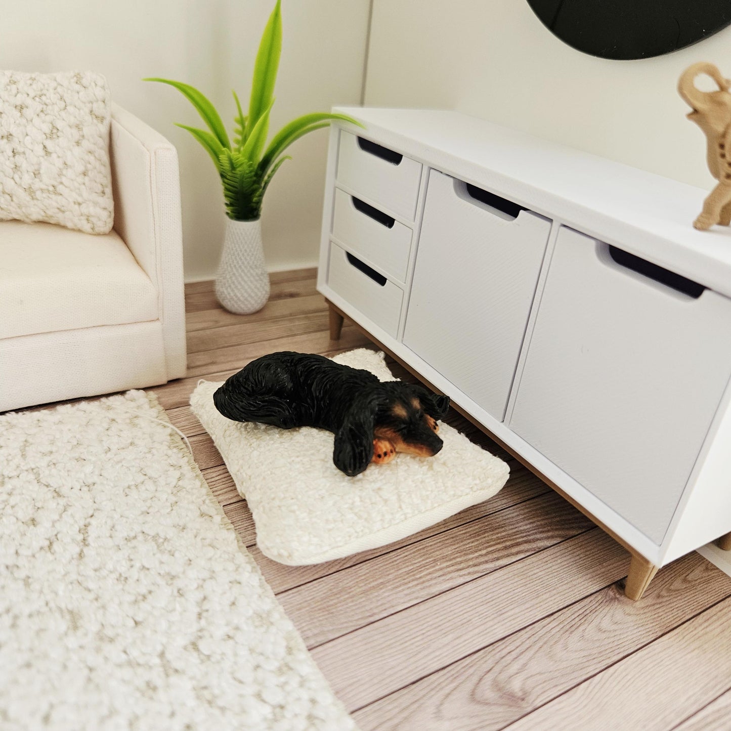 Dolls House Fabric Dog Bed with Paw Print Pad or Boucle Fabric, 12th Scale, Miniature Pet Bed