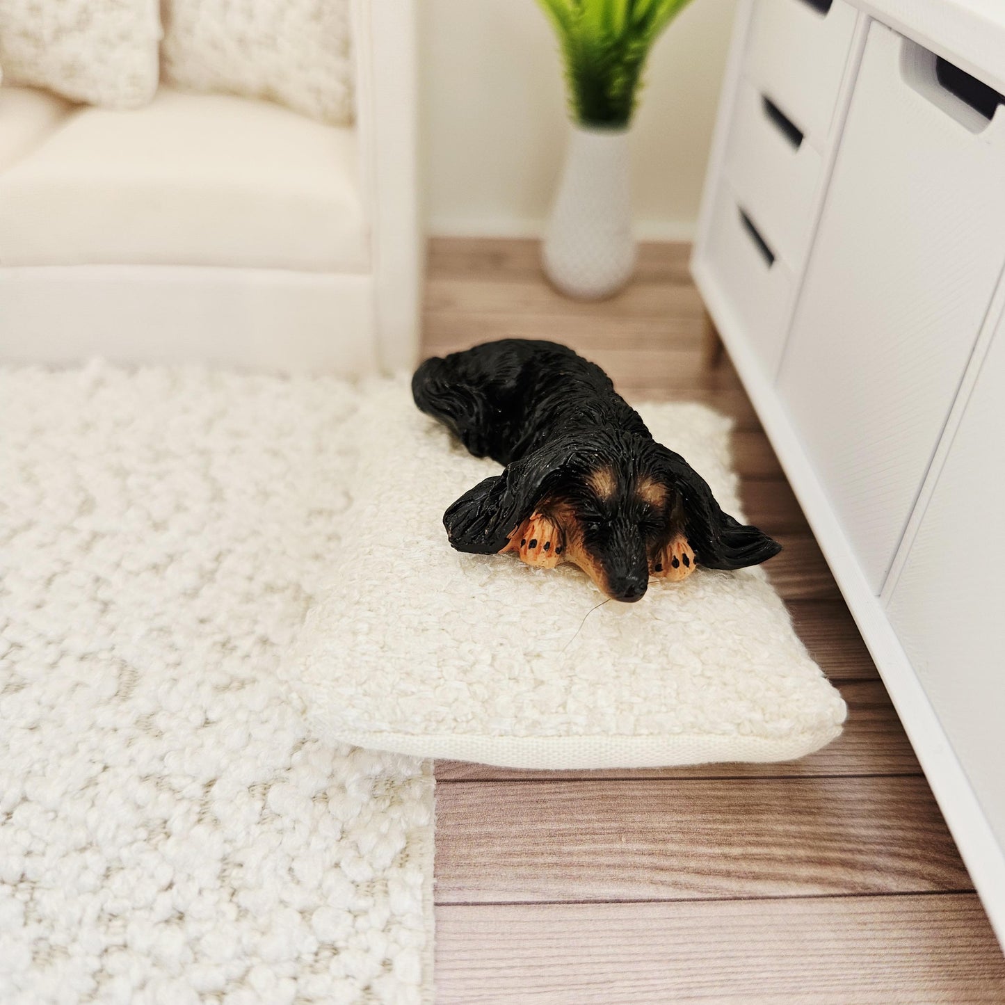 Dolls House Fabric Dog Bed with Paw Print Pad or Boucle Fabric, 12th Scale, Miniature Pet Bed