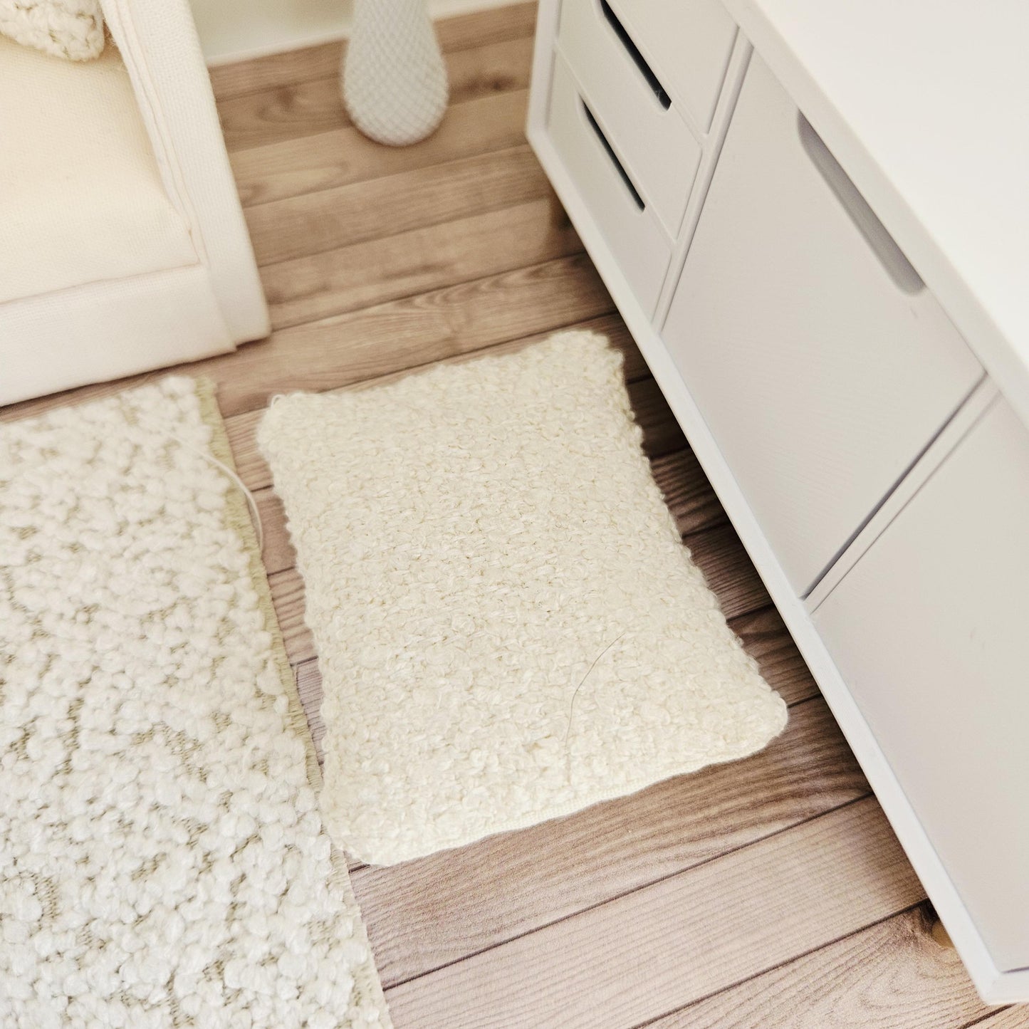 Dolls House Fabric Dog Bed with Paw Print Pad or Boucle Fabric, 12th Scale, Miniature Pet Bed
