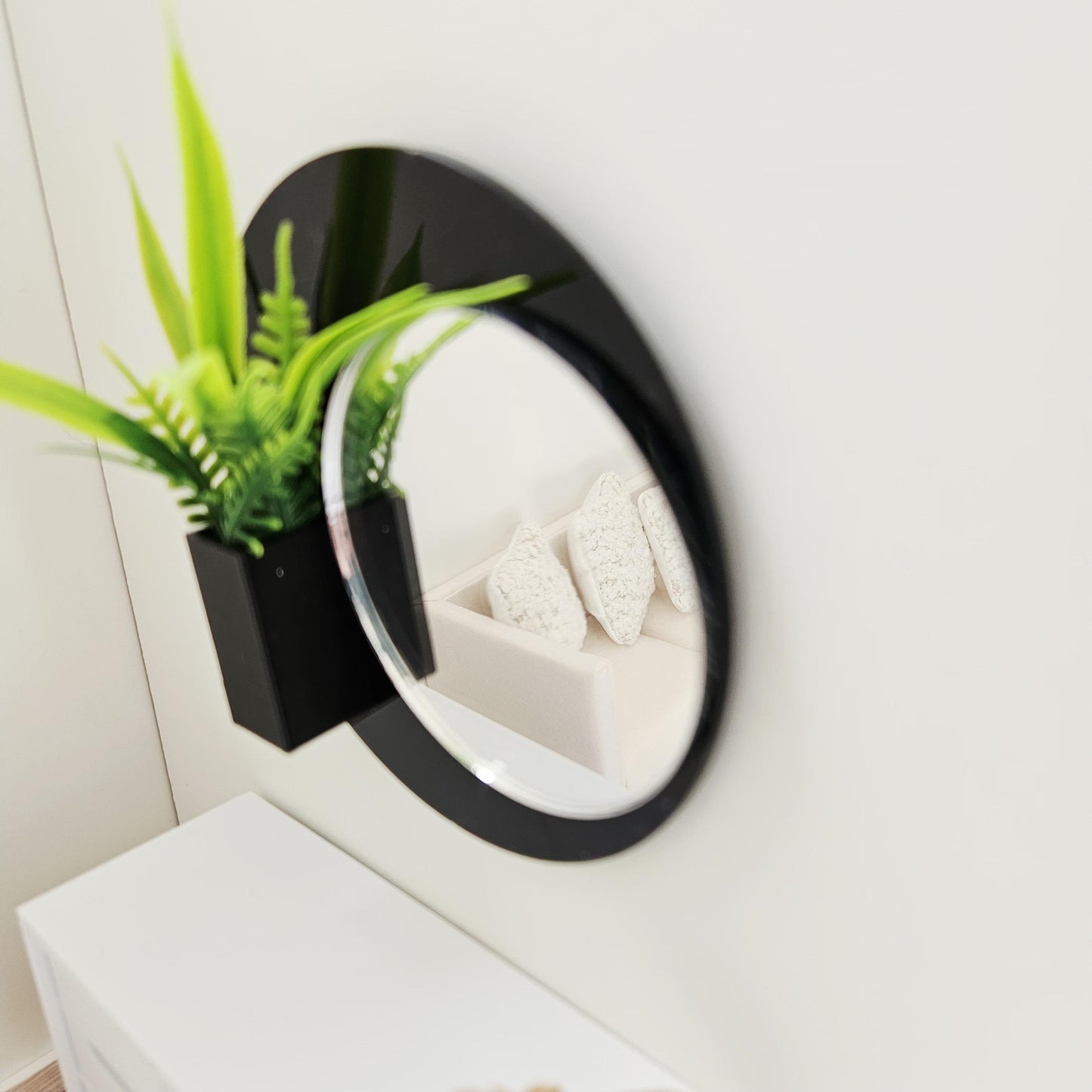 Dolls House Wall Mirror with Planter | Modern Black Or White Acrylic Mirror | 1:12 Scale