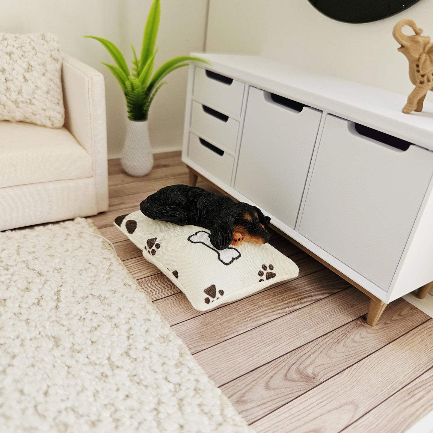 Dolls House Fabric Dog Bed with Paw Print Pad or Boucle Fabric, 12th Scale, Miniature Pet Bed
