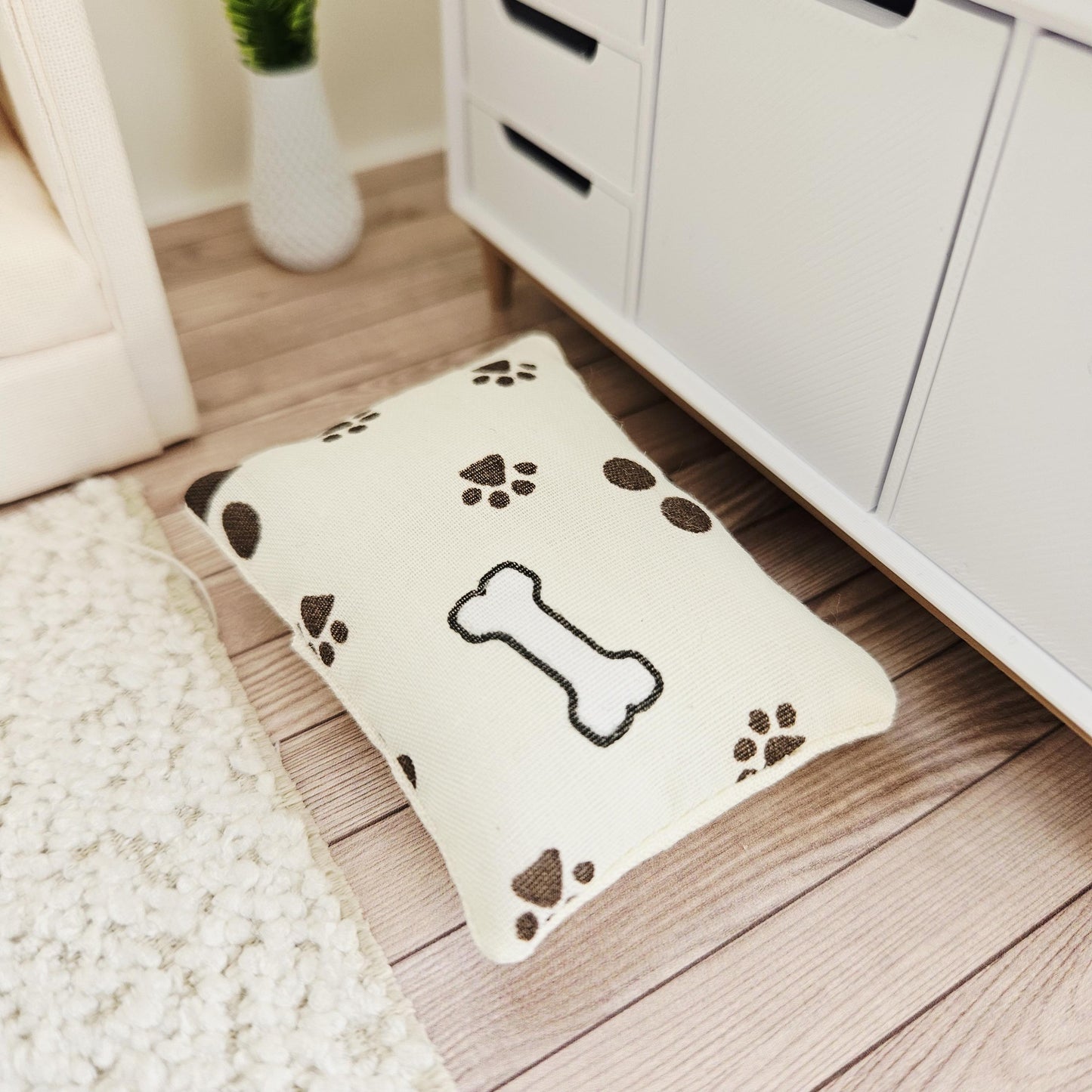 Dolls House Fabric Dog Bed with Paw Print Pad or Boucle Fabric, 12th Scale, Miniature Pet Bed