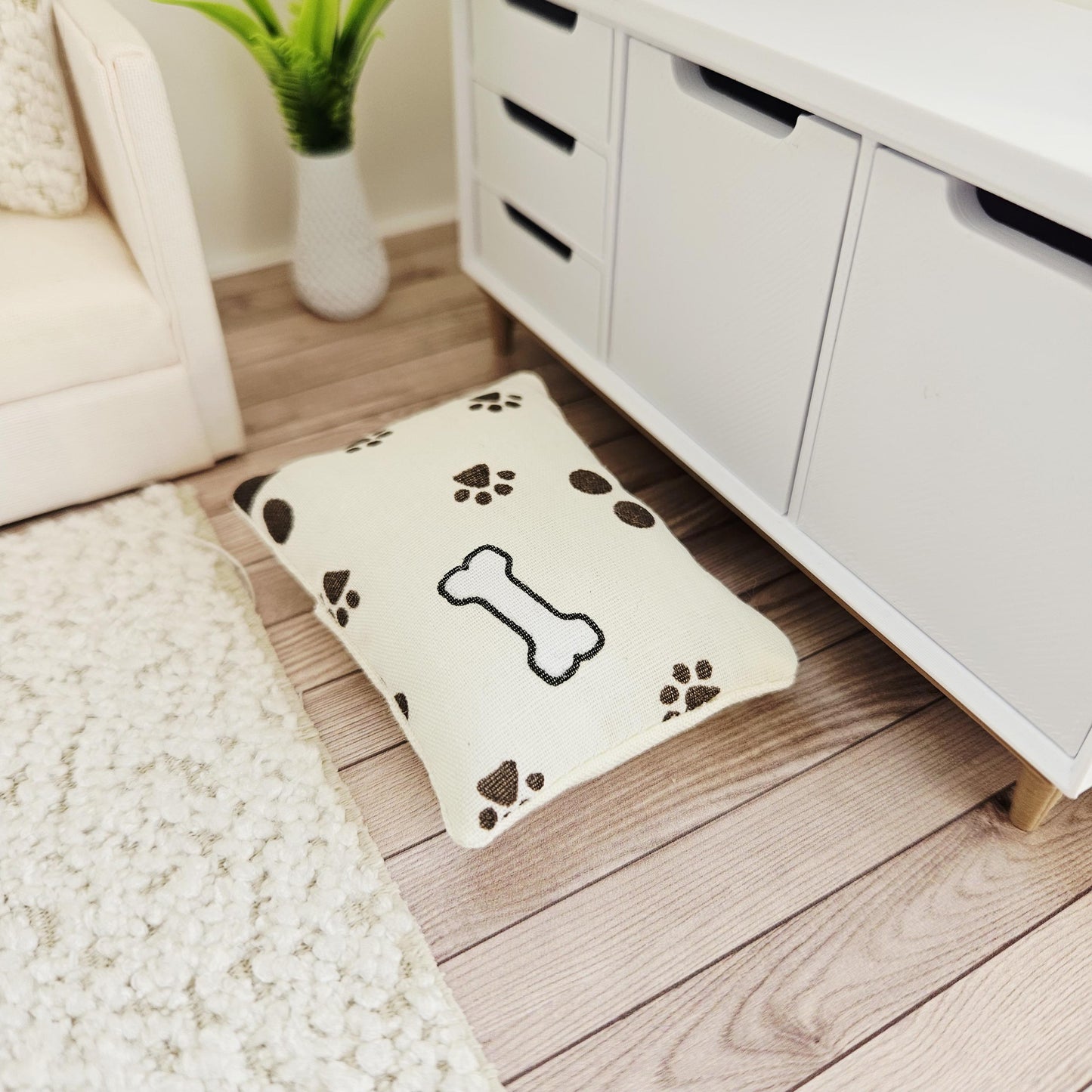 Dolls House Fabric Dog Bed with Paw Print Pad or Boucle Fabric, 12th Scale, Miniature Pet Bed