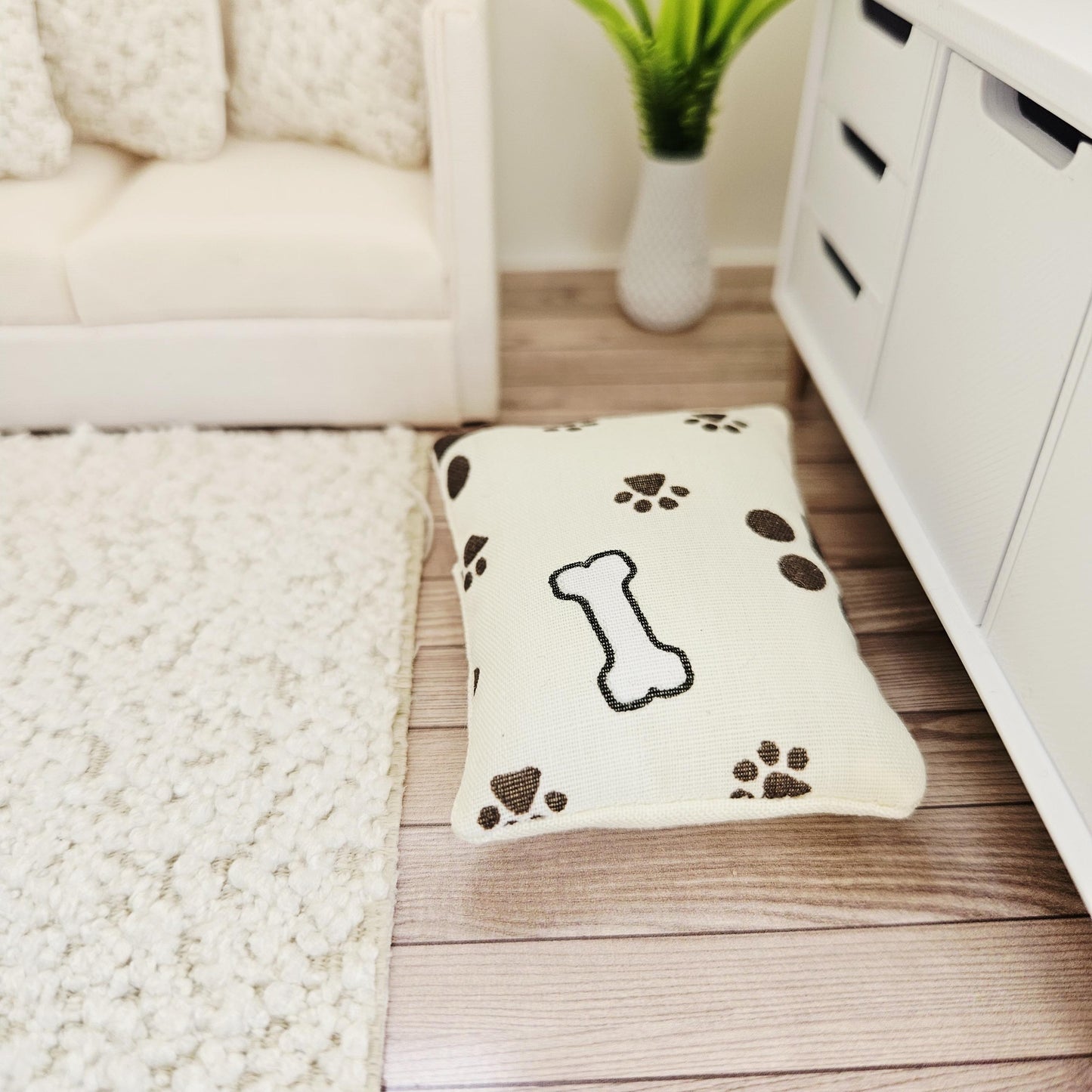 Dolls House Fabric Dog Bed with Paw Print Pad or Boucle Fabric, 12th Scale, Miniature Pet Bed