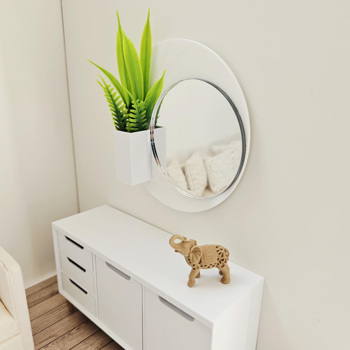 Dolls House Wall Mirror with Planter | Modern Black Or White Acrylic Mirror | 1:12 Scale