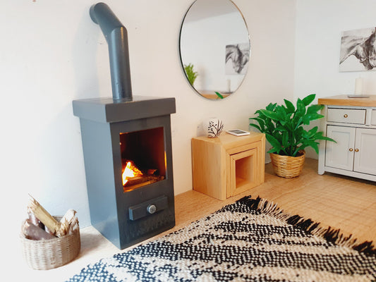 Grey Fireplace with Light-Up Flame – alternate view 2 | 1:12 scale dolls house miniature