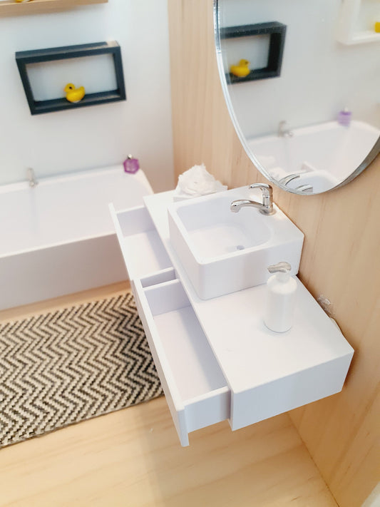 White Bathroom Vanity – alternate view 2 | 1:12 scale dolls house miniature