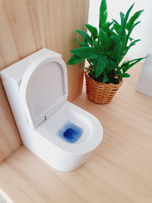 dolls house white toilet, pretend pushbutton on top of toilet, lid opens up, blue resin inside, toilet cleaner, 3d printed, H: 6.5cm D: 5cm W: 3cm, 12th scale miniature