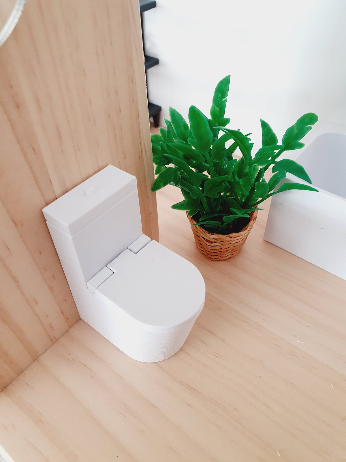 dolls house white toilet, pretend pushbutton on top of toilet, lid opens up, blue resin inside, toilet cleaner, 3d printed, H: 6.5cm D: 5cm W: 3cm, 12th scale miniature