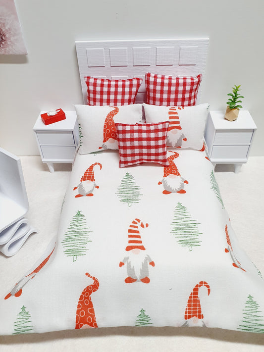 Gnome Red Check Double Bedding – alternate view 2 | 1:12 scale dolls house miniature