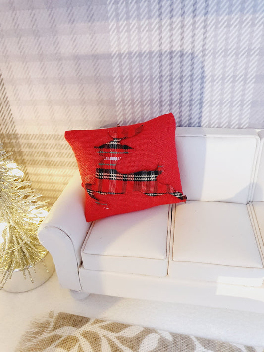 Christmas Red Tartan reindeer cushion – alternate view 2 | 1:12 scale dolls house miniature