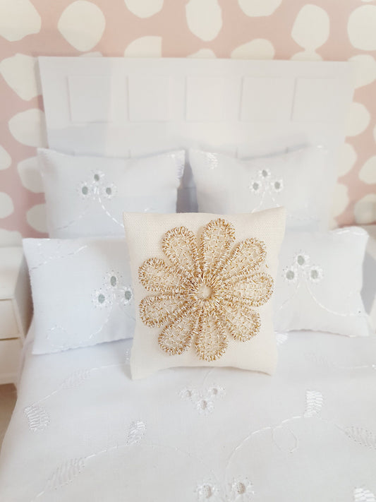 Gold Glitter Flower Cushion – alternate view 2 | 1:12 scale dolls house miniature