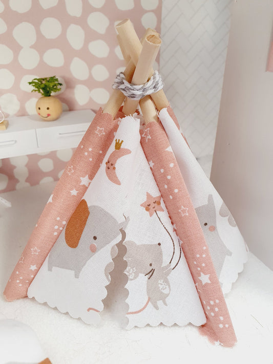 Mouse & Elephant Teepee – alternate view 2 | 1:12 scale dolls house miniature