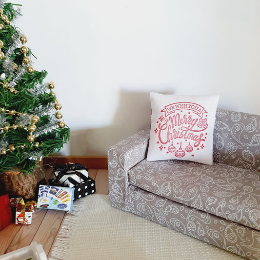 Christmas Cushion: Red & White Pillow – alternate view 2 | 1:12 scale dolls house miniature