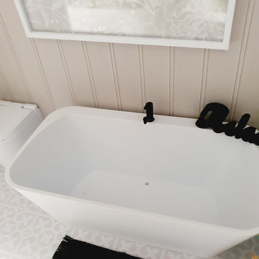 White Bath with Black Tap – alternate view 2 | 1:12 scale dolls house miniature