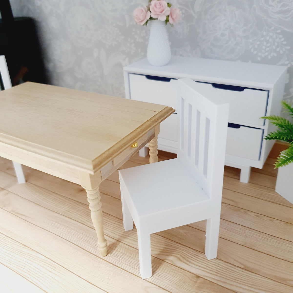 dollhouse white chair, H: 8cm D: 3.7cm W: 3.7cm, straight back with 4 long holes in the back of chair, 12th scale miniature, 3d printed