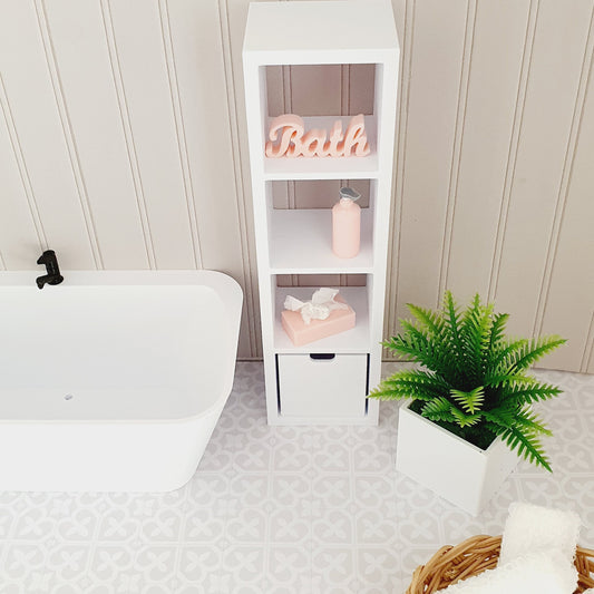 Bathroom Shelf Unit with Storage Box – alternate view 2 | 1:12 scale dolls house miniature