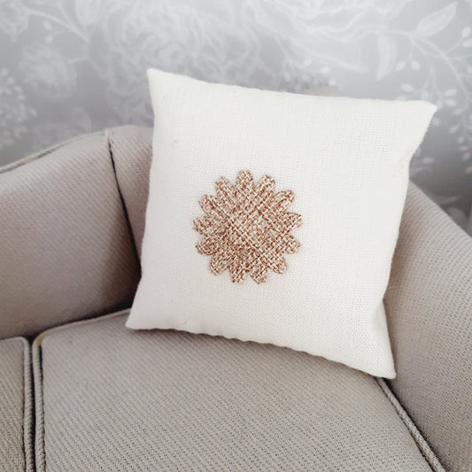 Cream Hessian Flower Cushion – alternate view 2 | 1:12 scale dolls house miniature