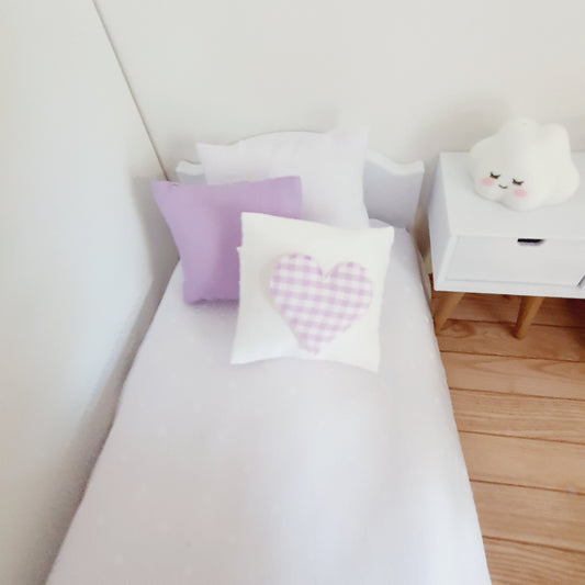 Lilac & White Heart Cushions – Pair – alternate view 2 | 1:12 scale dolls house miniature