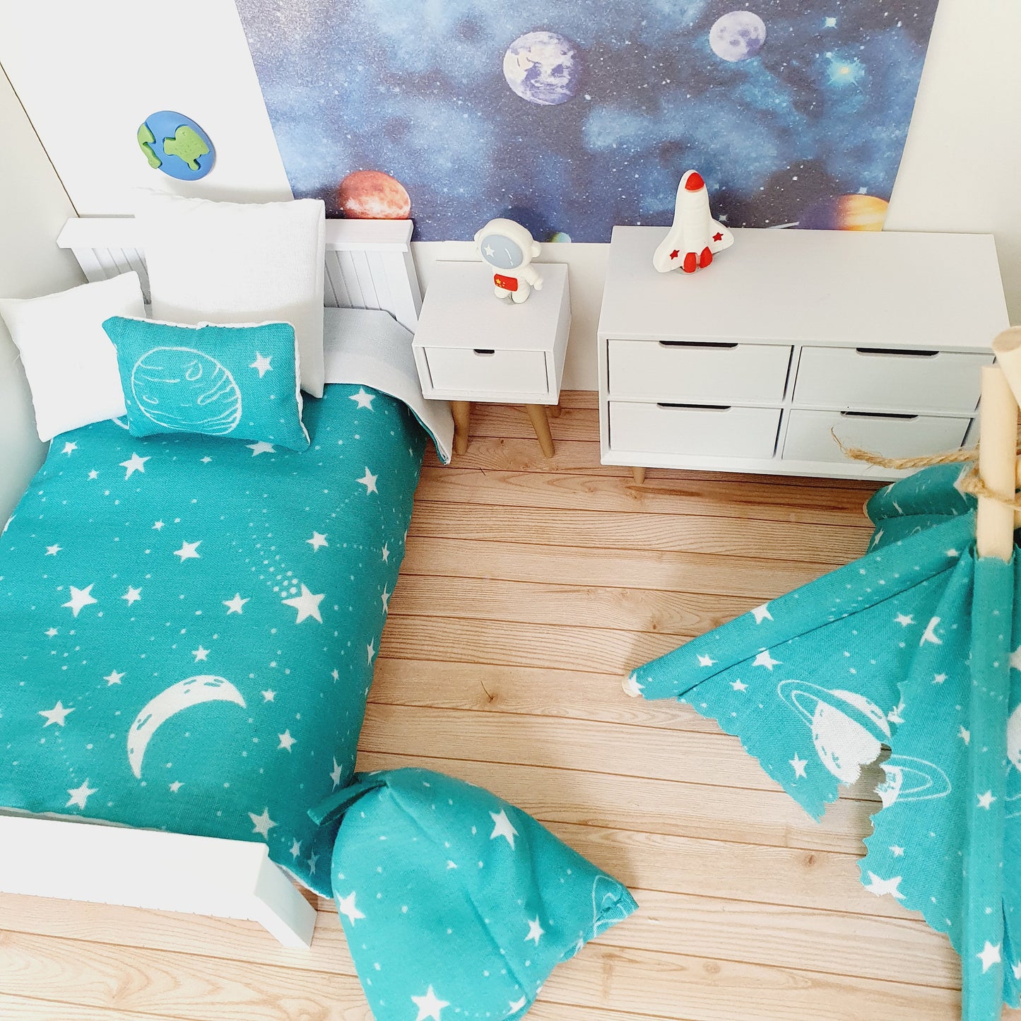 Dolls House Teal Space Set, Single or Junior bedding, Teepee & Bean Chair Set, 12th scale bedding, miniature bed set