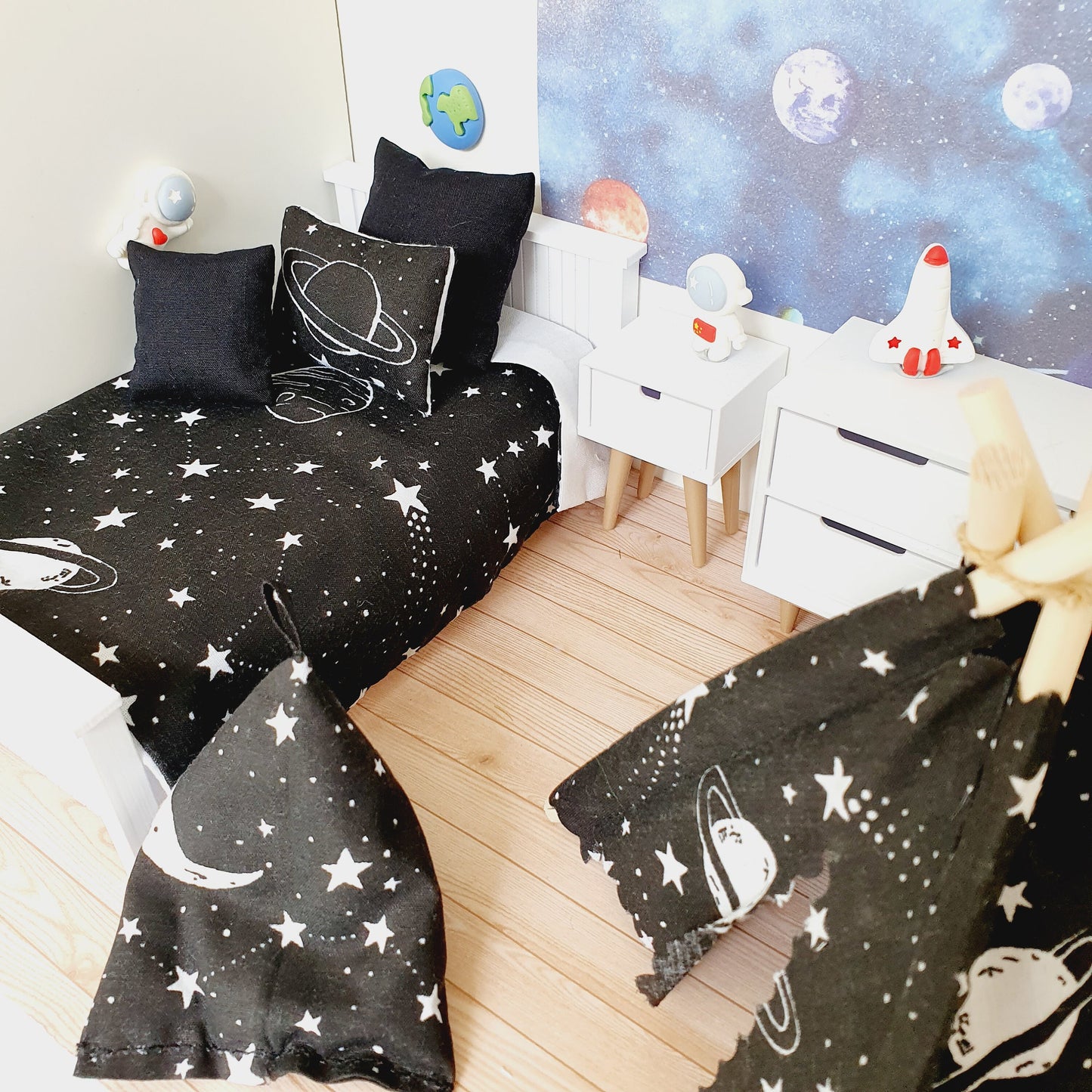 Dolls House Black Space Set, Single or Junior bedding, Teepee & Bean Chair Set, 12th scale bedding, miniature bed set
