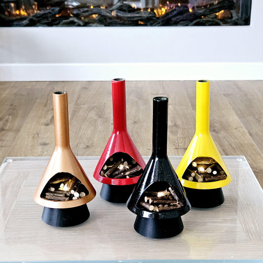 High Gloss Dolls House Remote Control Fires in Red, Copper, Black and Gold. Led lit with real logs