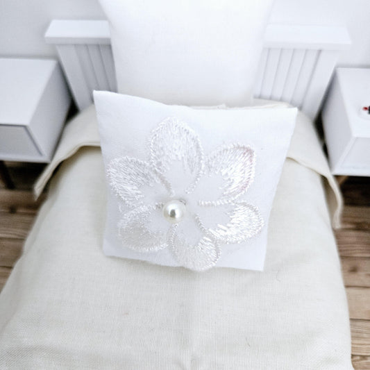 White Flower Cushion – alternate view 2 | 1:12 scale dolls house miniature
