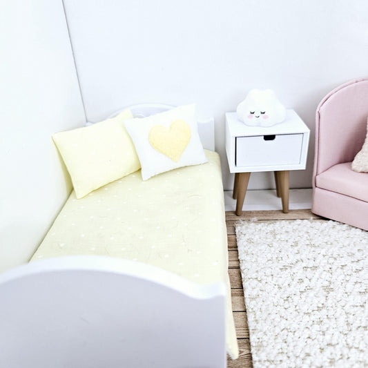 Yellow Polka Dot Junior Bedding – alternate view 2 | 1:12 scale dolls house miniature