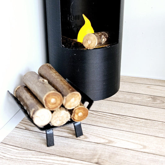 Black Log Holder with Wood – alternate view 2 | 1:12 scale dolls house miniature