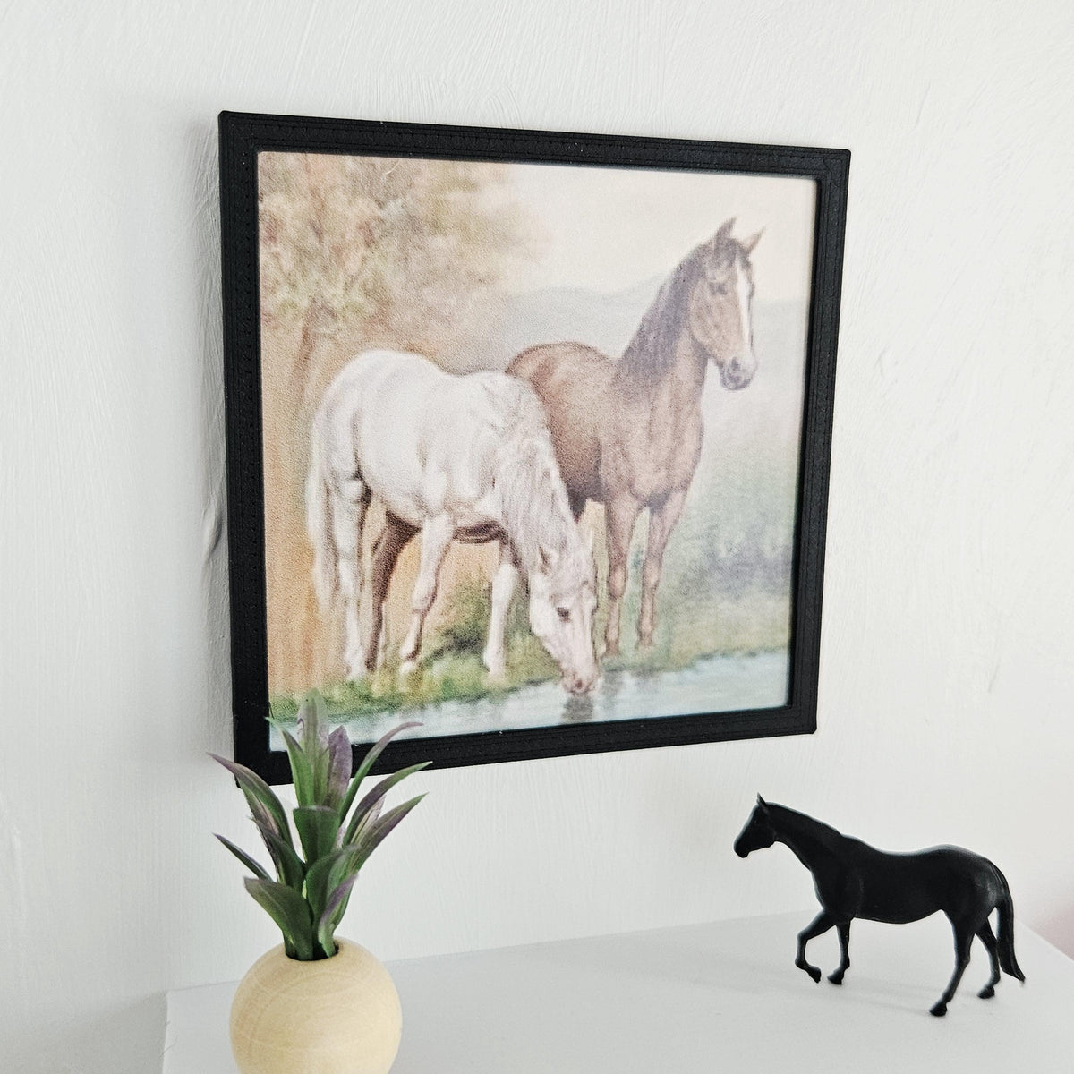Dolls House Horse Wall Art | Framed Picture with Two Horses (Drinking Scene) | Miniature Decor | 1:12 Scale