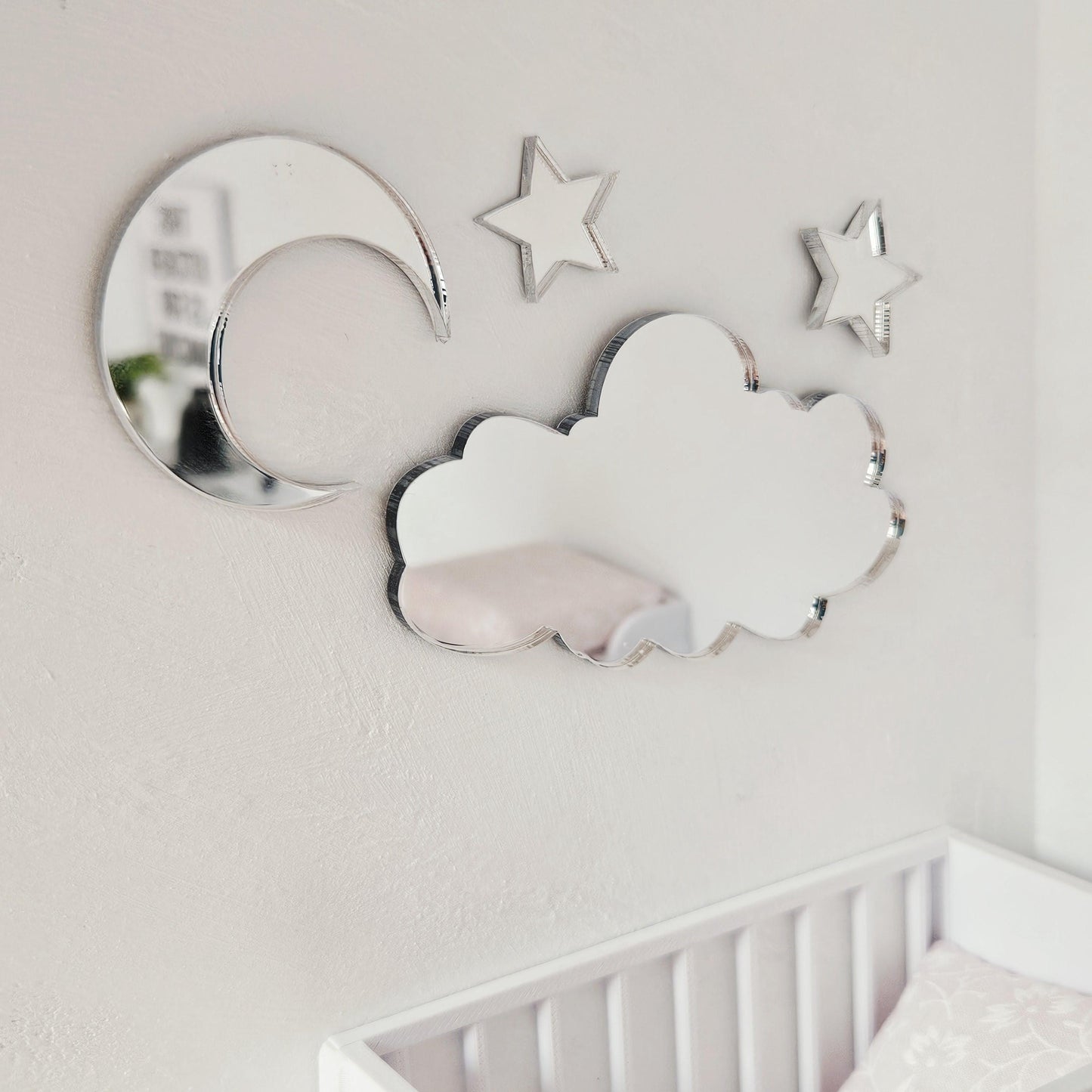 Dolls House Cloud, Moon & Stars Mirror Set – 1:12 Scale Silver Mirrors