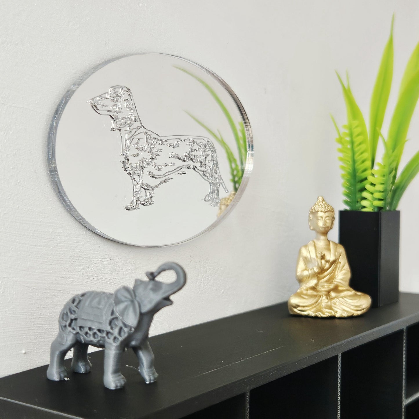 Dolls House Sausage Dog Mirror – Dachshund | Silver Acrylic | 1:12 Scale